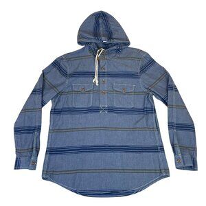 Lands End Canvas Mens Blue Cotton Hooded Long Sleeve Striped Shirt Size L